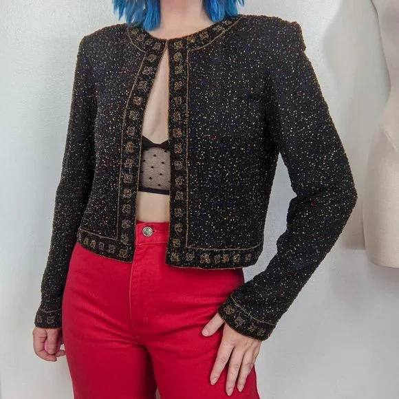 Vintage 90s Black & Multi Color Heavily Beaded Evening Jacket - Picture 2 of 10